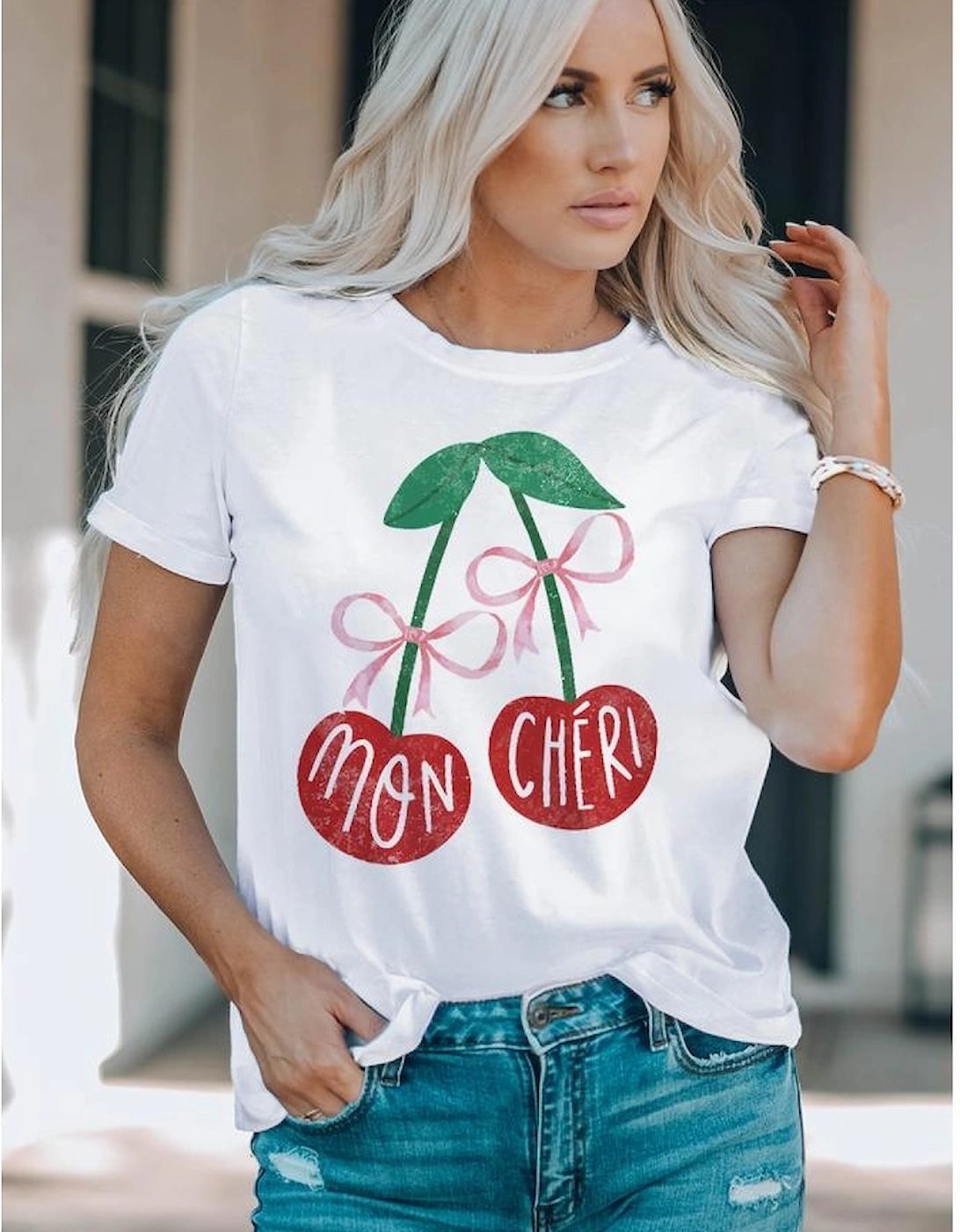White MON CHERI Cherry Graphic Crewneck T shirt