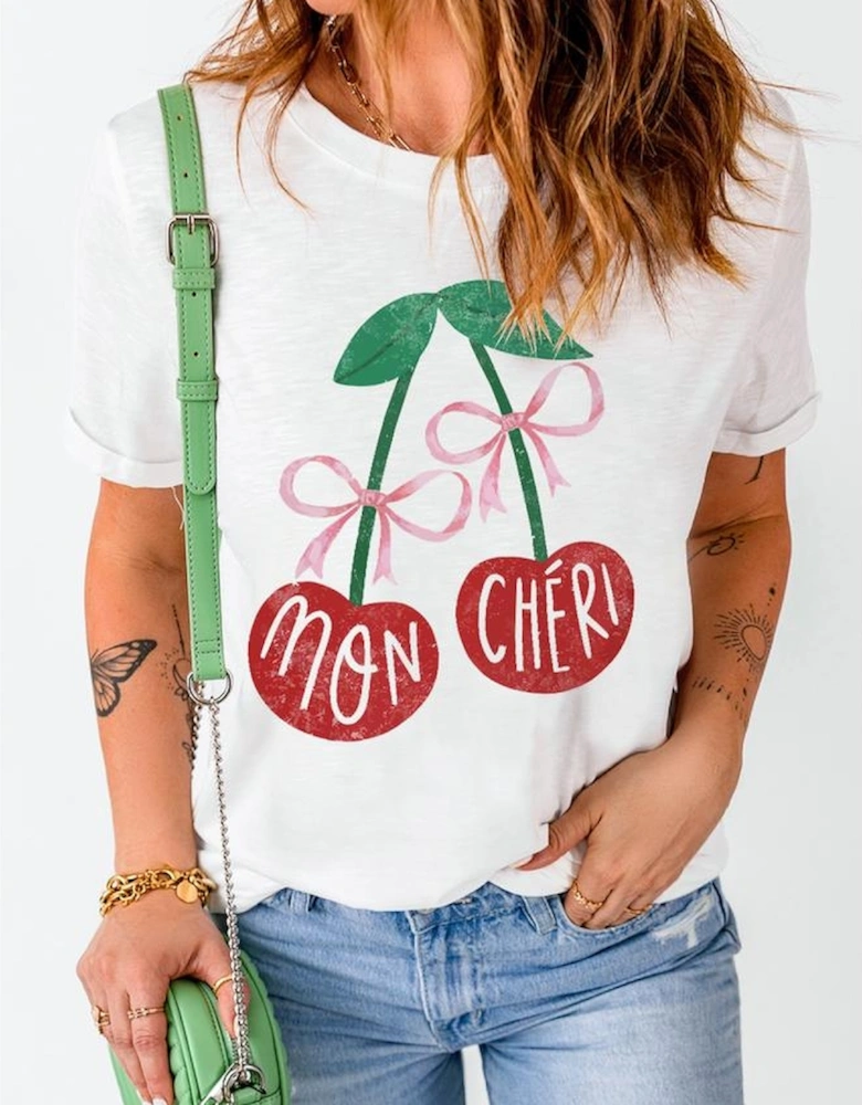 White MON CHERI Cherry Graphic Crewneck T shirt