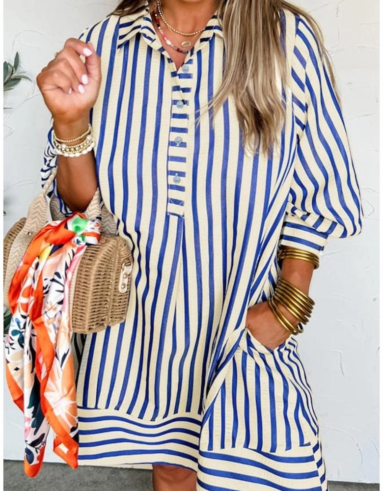 Blue Stripe Collared Half Button Side Pockets Loose Fit Mini Dress