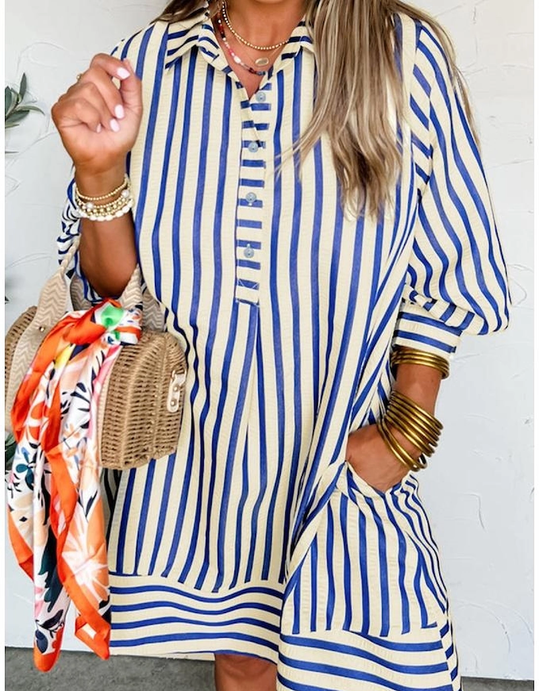 Blue Stripe Collared Half Button Side Pockets Loose Fit Mini Dress