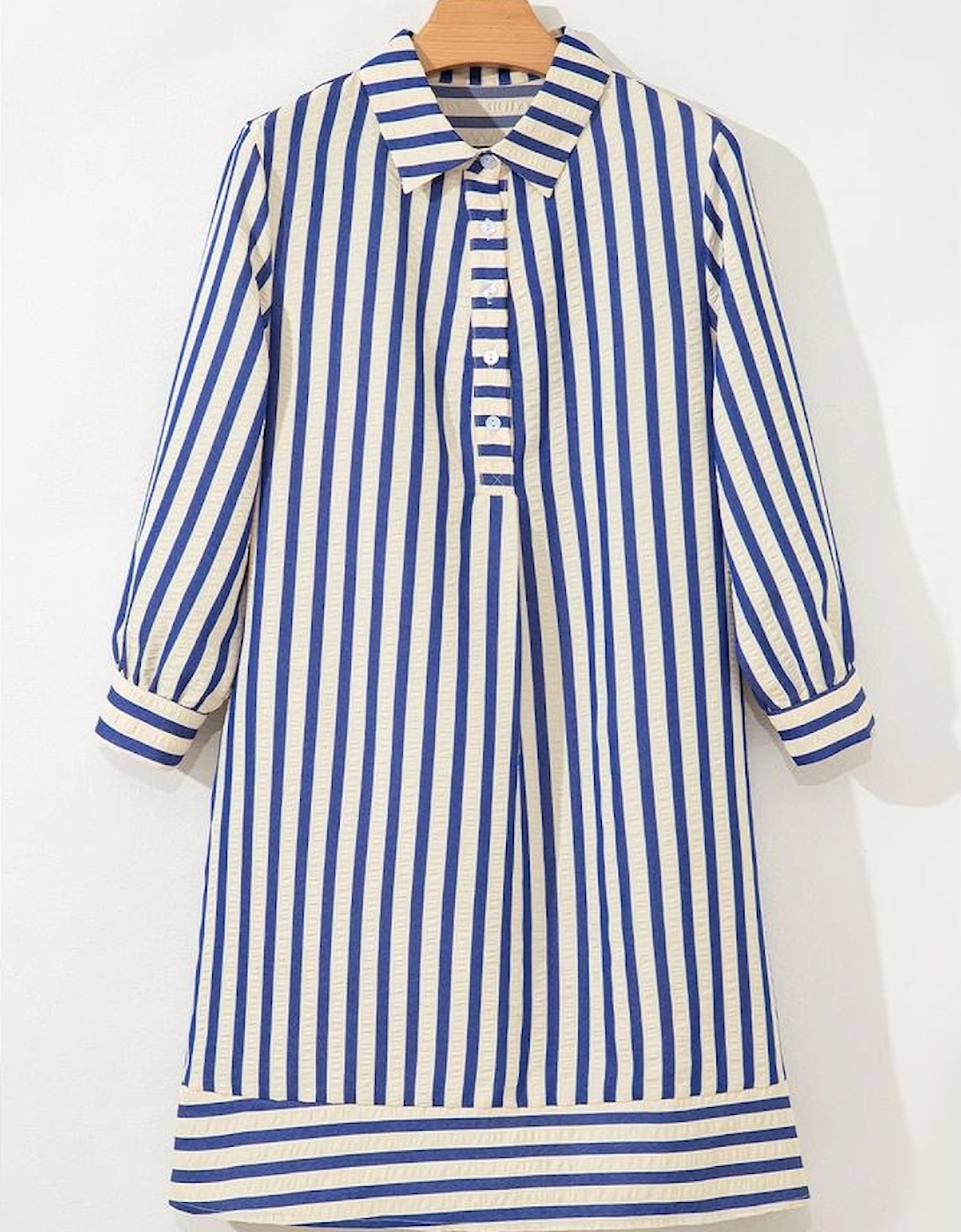 Blue Stripe Collared Half Button Side Pockets Loose Fit Mini Dress