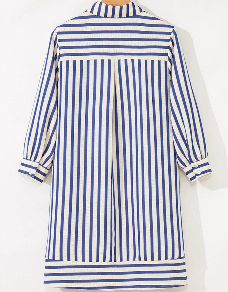Blue Stripe Collared Half Button Side Pockets Loose Fit Mini Dress