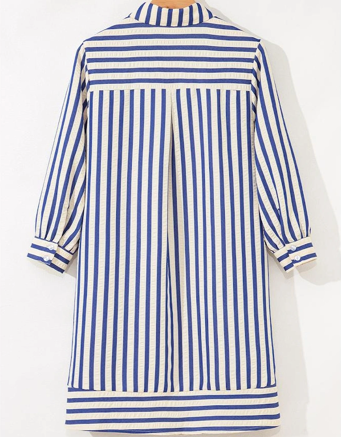 Blue Stripe Collared Half Button Side Pockets Loose Fit Mini Dress
