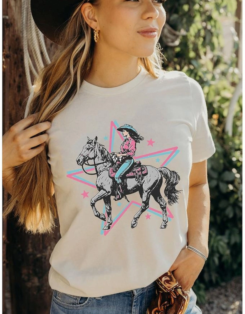 White Star Cowgirl Graphic Round Neck T Shirt