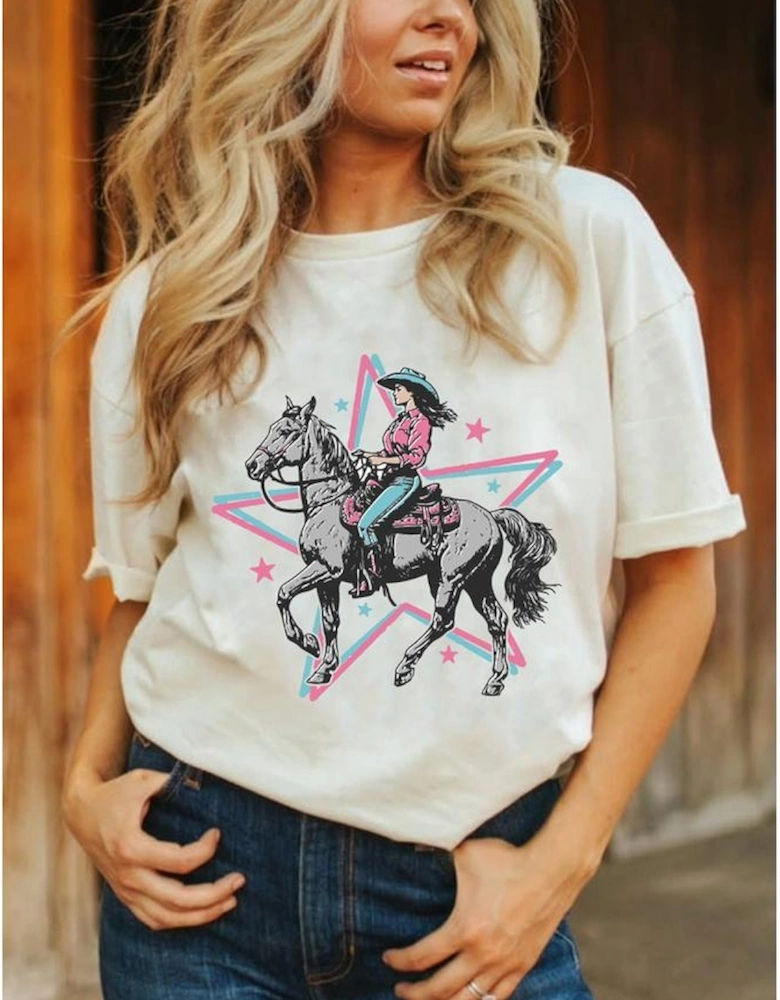 White Star Cowgirl Graphic Round Neck T Shirt