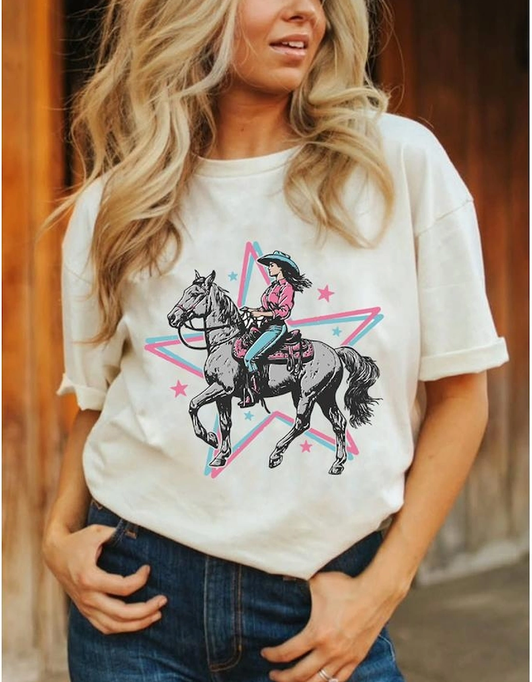 White Star Cowgirl Graphic Round Neck T Shirt