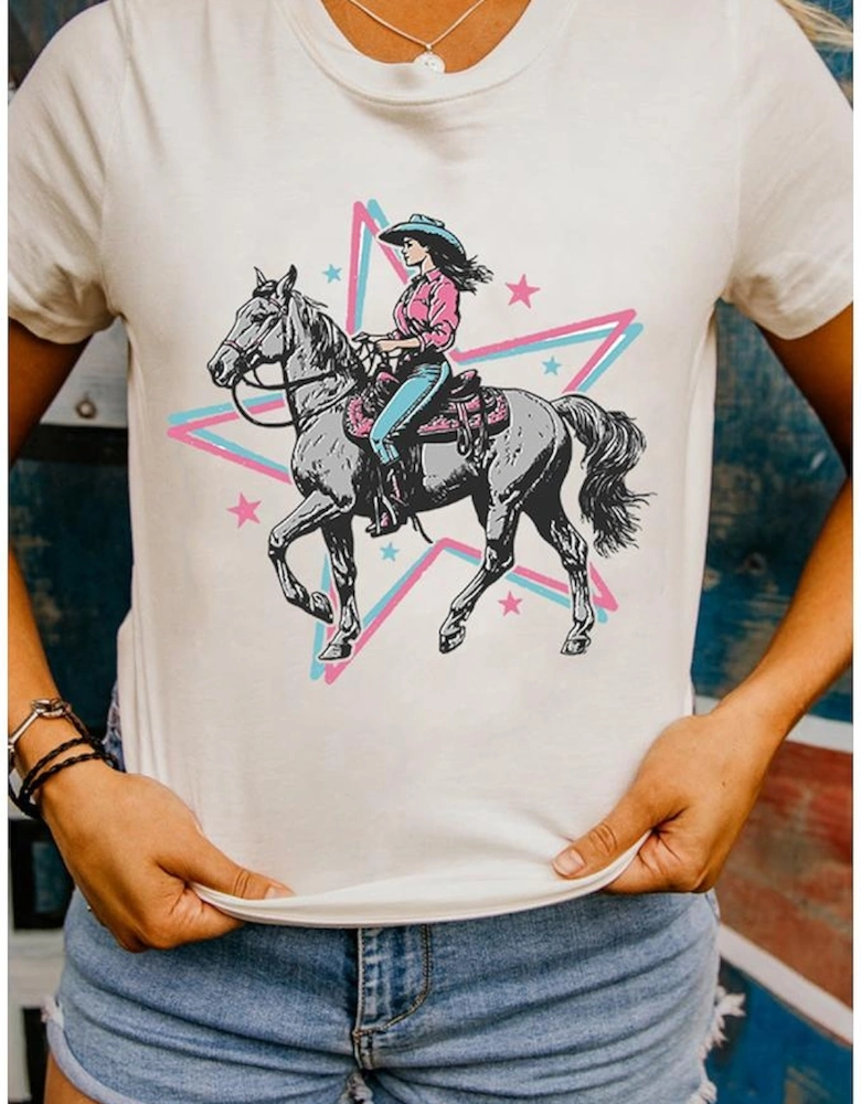 White Star Cowgirl Graphic Round Neck T Shirt