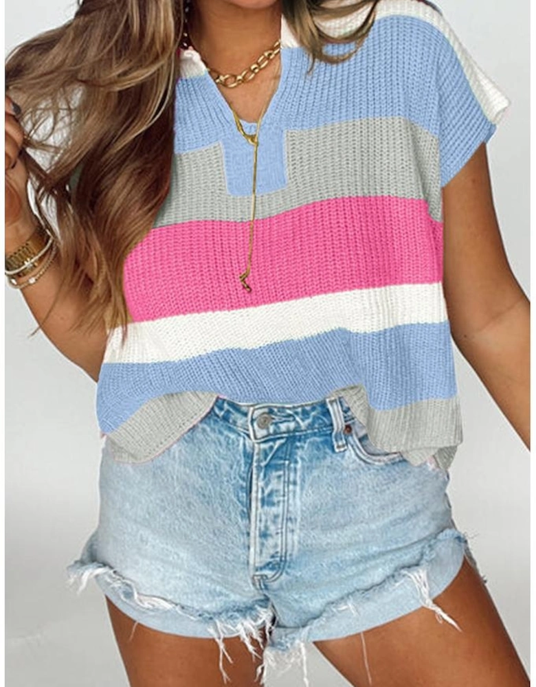 Light Blue Color Block Notch V Neck Sweater T Shirt