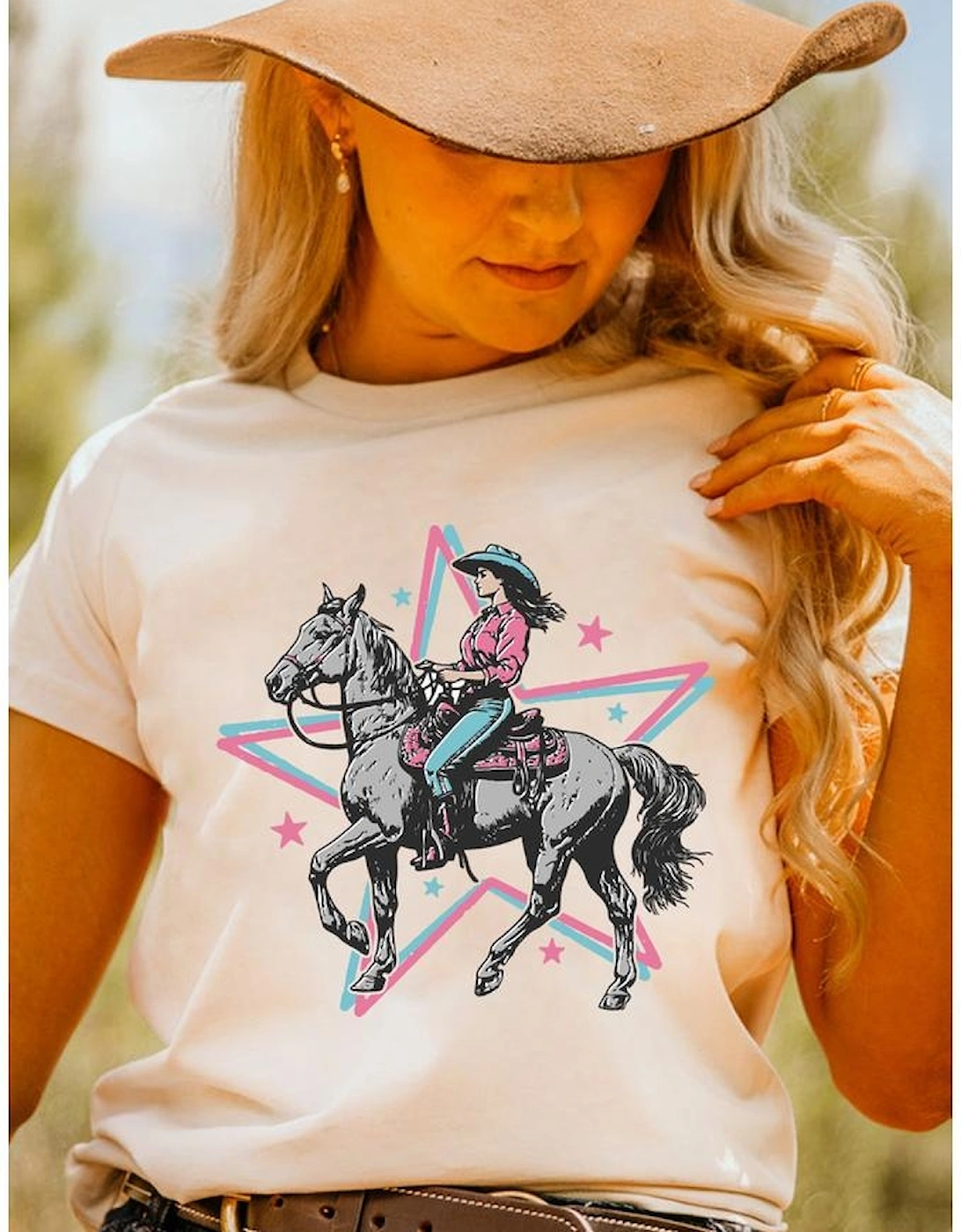 White Star Cowgirl Graphic Round Neck T Shirt