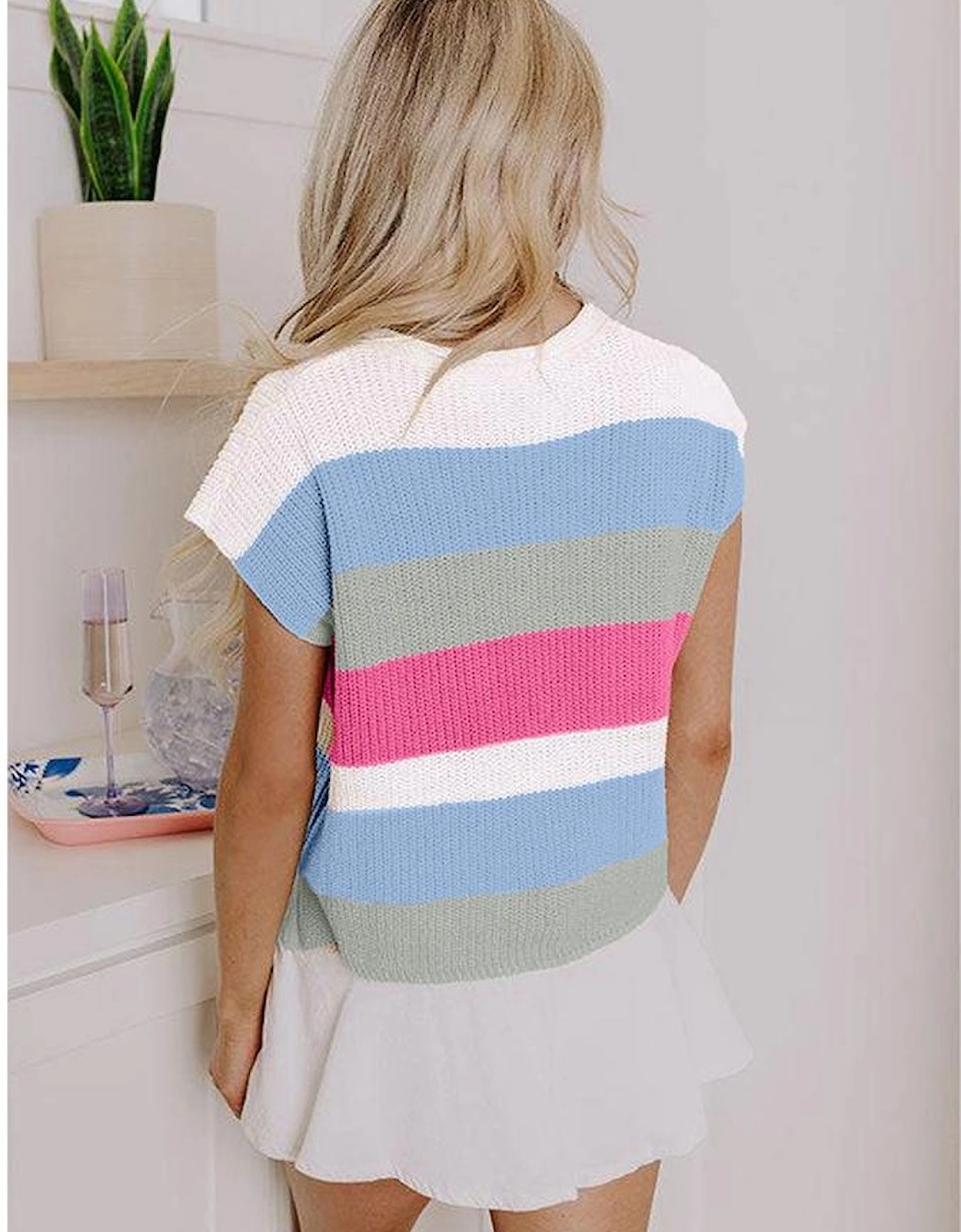 Light Blue Color Block Notch V Neck Sweater T Shirt, 5 of 4