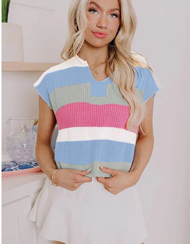 Light Blue Color Block Notch V Neck Sweater T Shirt
