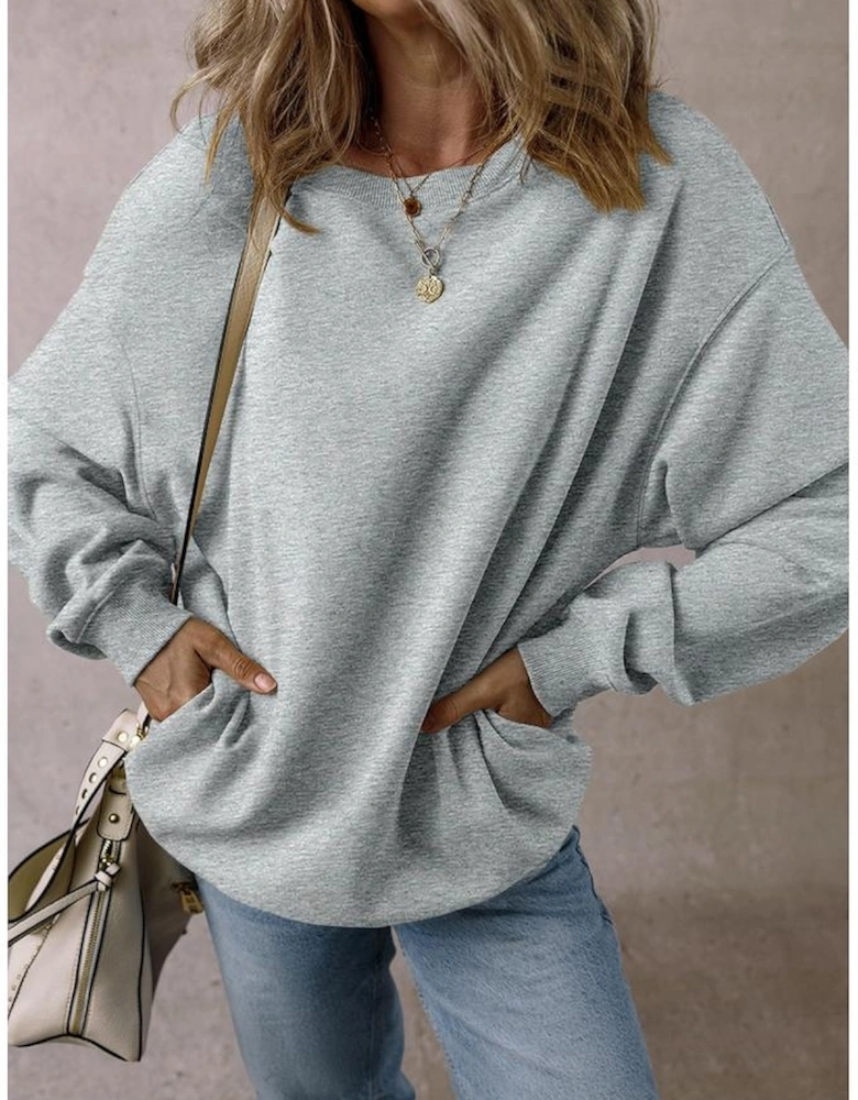 Light Grey Solid Loose Crew Neck Fleece Sweatshirt