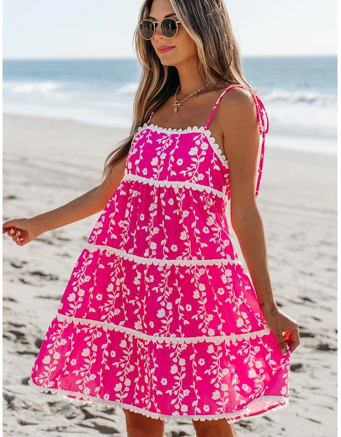 Pink Floral Print Ric Rac Patched Sleeveless Mini Dress