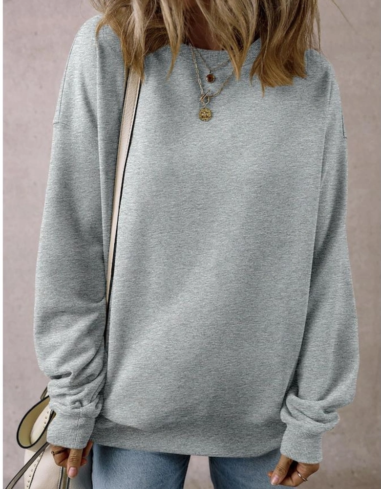 Light Grey Solid Loose Crew Neck Fleece Sweatshirt