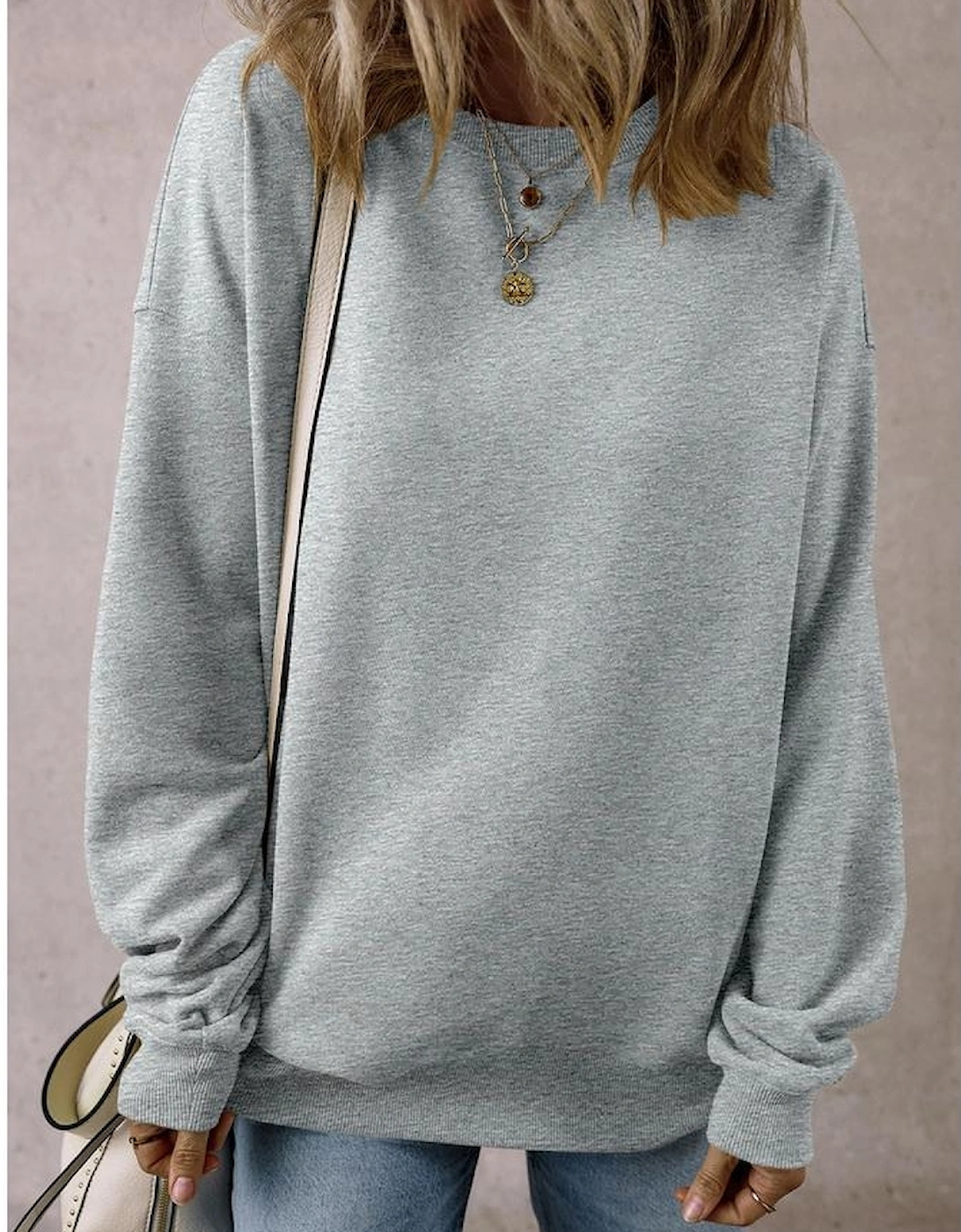 Light Grey Solid Loose Crew Neck Fleece Sweatshirt