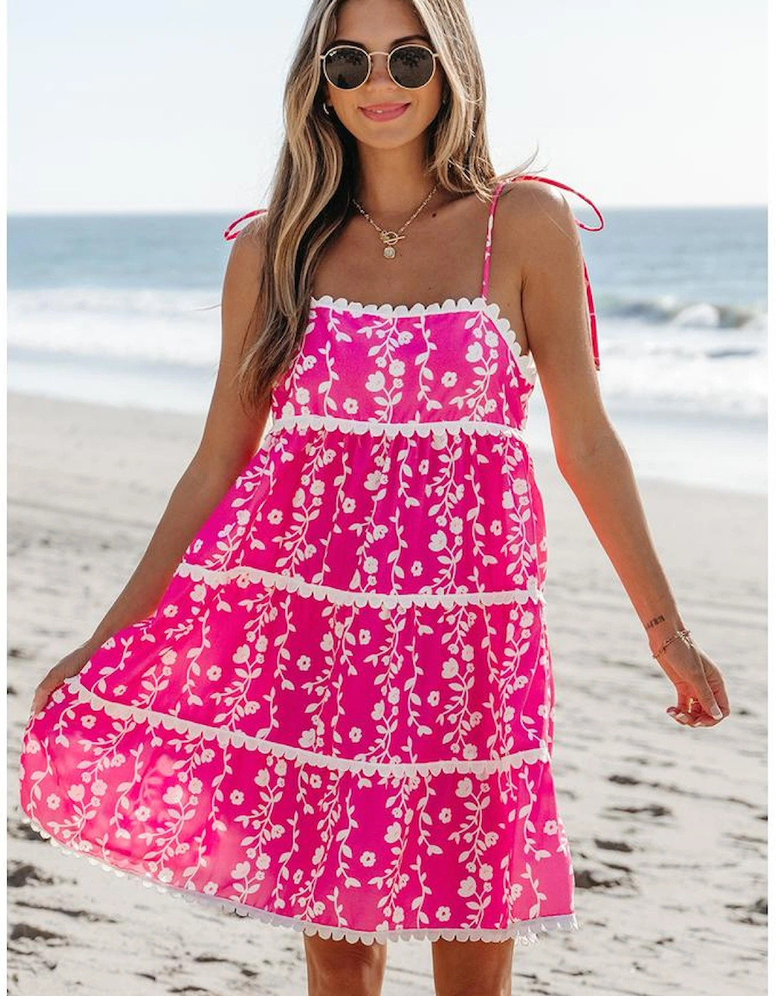 Pink Floral Print Ric Rac Patched Sleeveless Mini Dress, 16 of 15