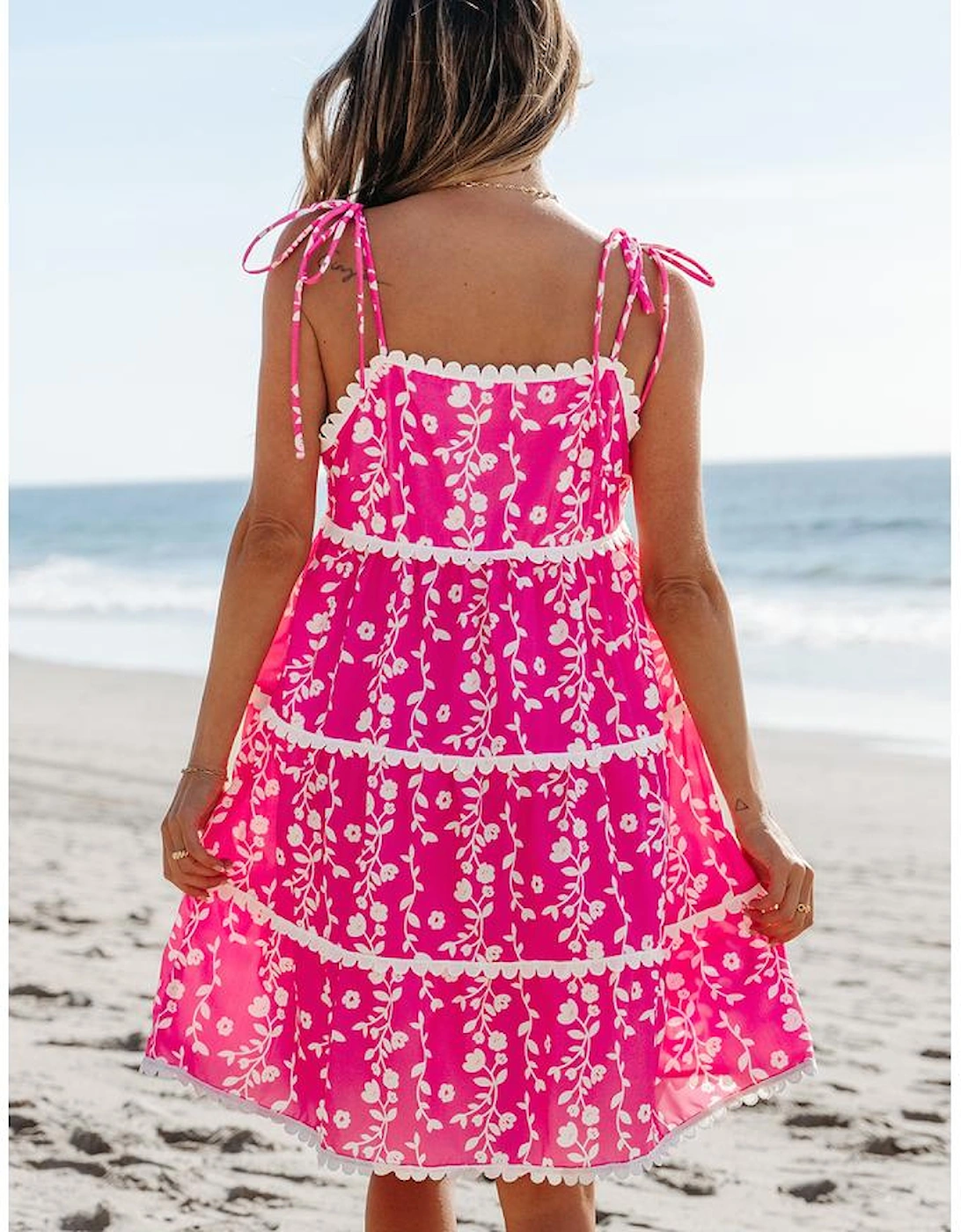 Pink Floral Print Ric Rac Patched Sleeveless Mini Dress
