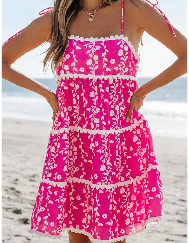 Pink Floral Print Ric Rac Patched Sleeveless Mini Dress
