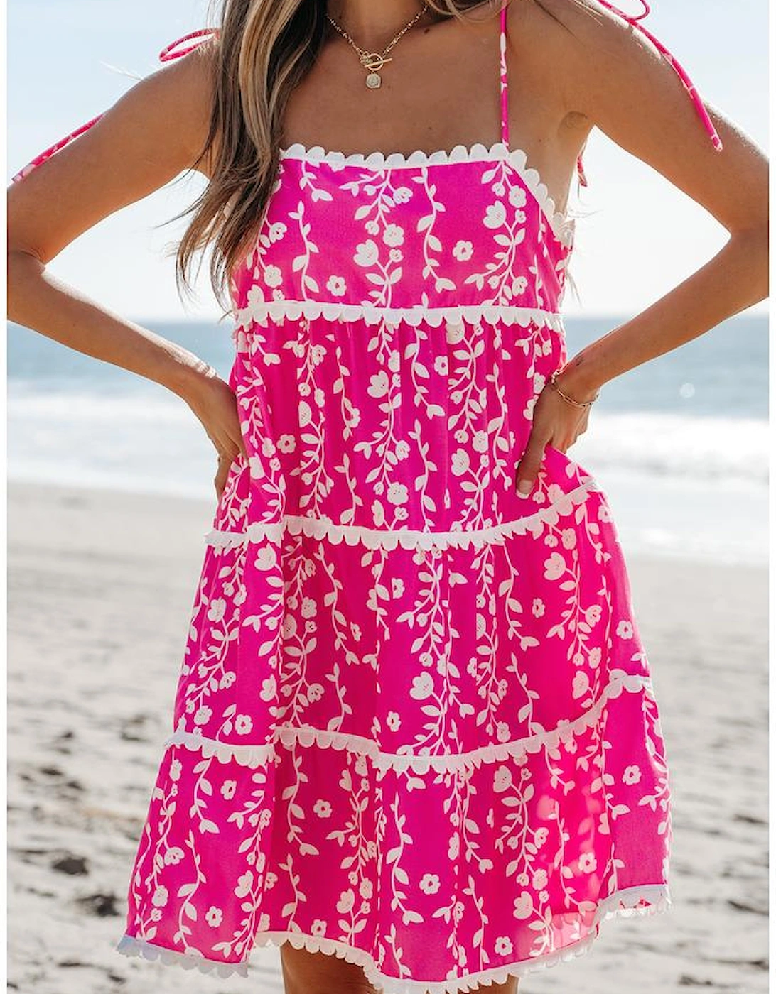 Pink Floral Print Ric Rac Patched Sleeveless Mini Dress