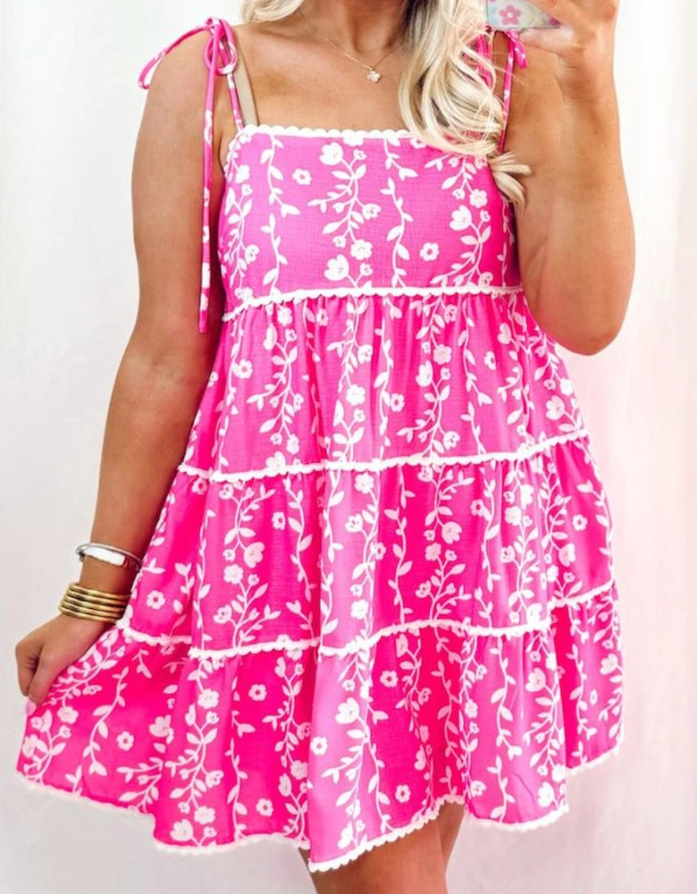 Pink Floral Print Ric Rac Patched Sleeveless Mini Dress