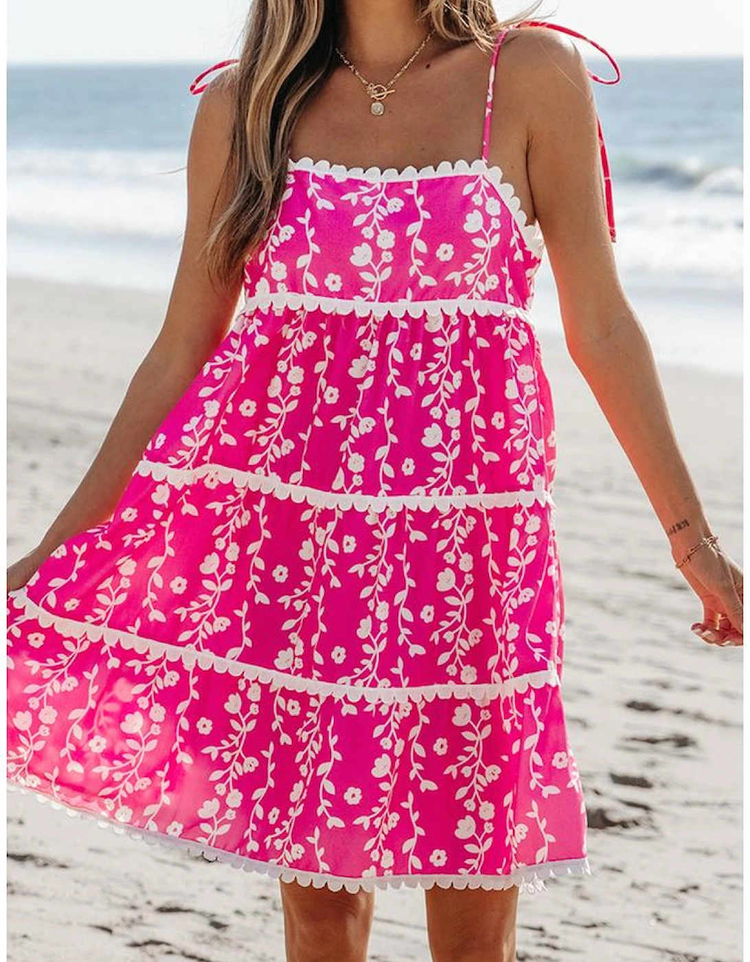 Pink Floral Print Ric Rac Patched Sleeveless Mini Dress