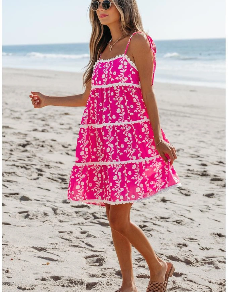 Pink Floral Print Ric Rac Patched Sleeveless Mini Dress