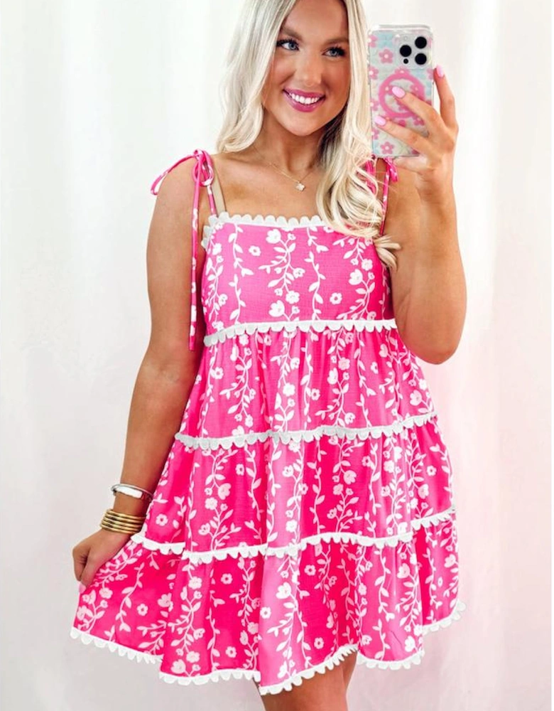 Pink Floral Print Ric Rac Patched Sleeveless Mini Dress