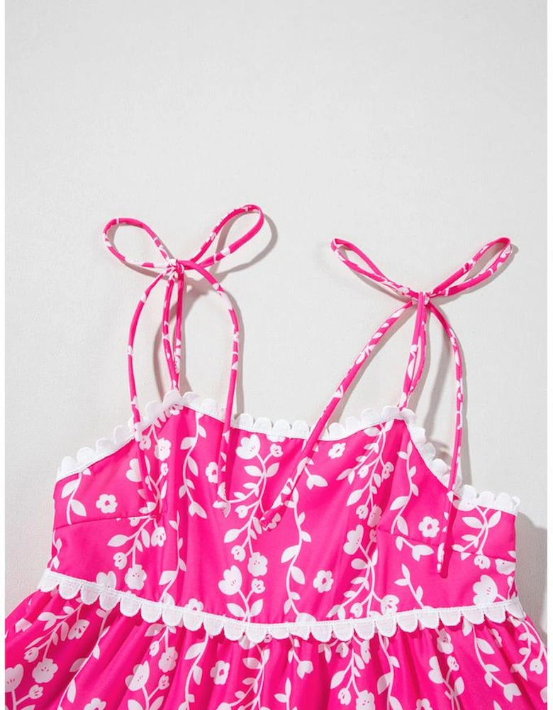 Pink Floral Print Ric Rac Patched Sleeveless Mini Dress