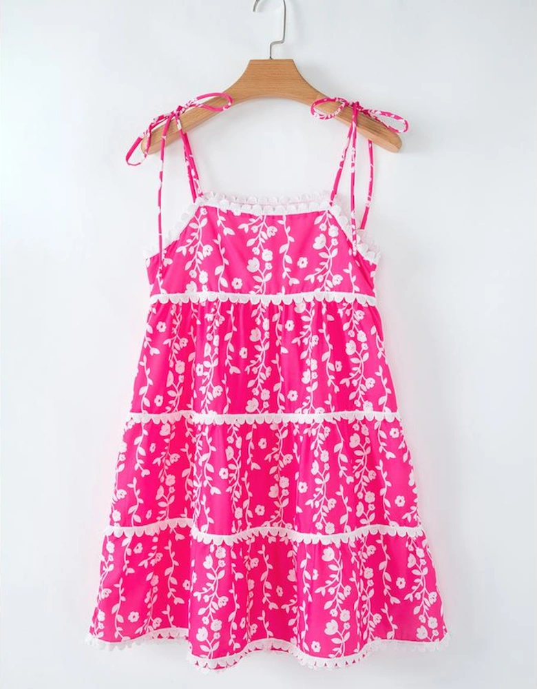 Pink Floral Print Ric Rac Patched Sleeveless Mini Dress