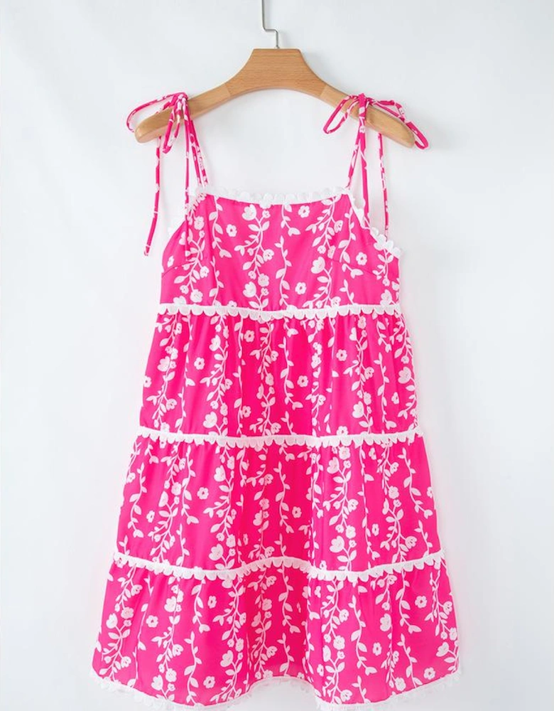 Pink Floral Print Ric Rac Patched Sleeveless Mini Dress