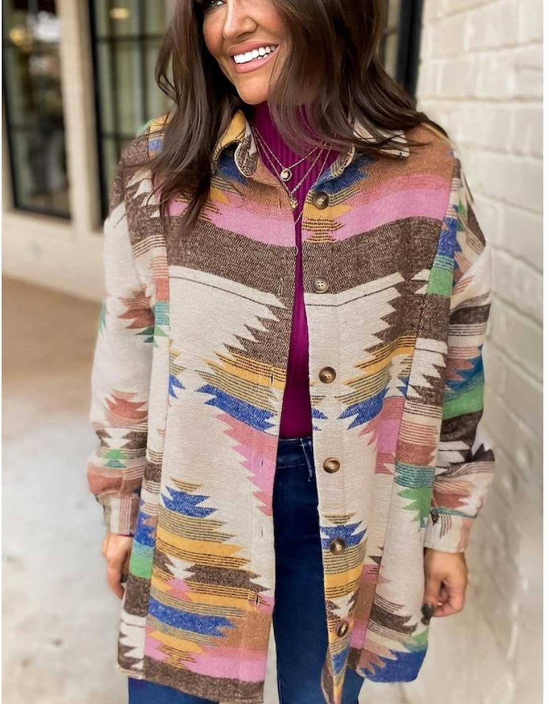 White Aztec Print Button Up Shacket