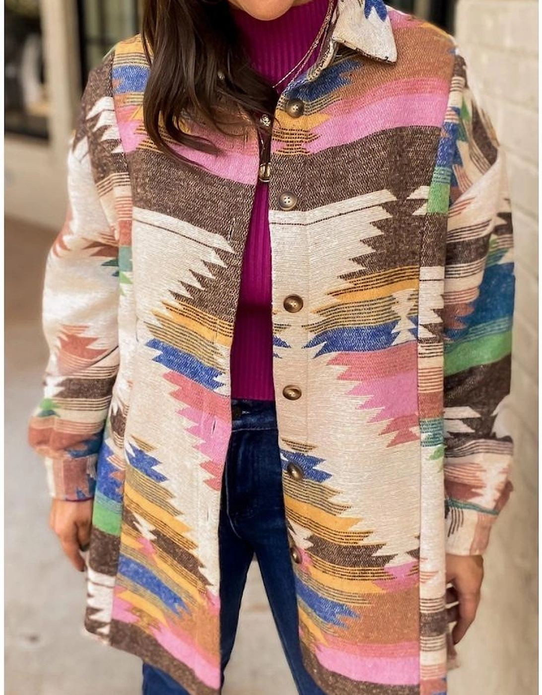 White Aztec Print Button Up Shacket