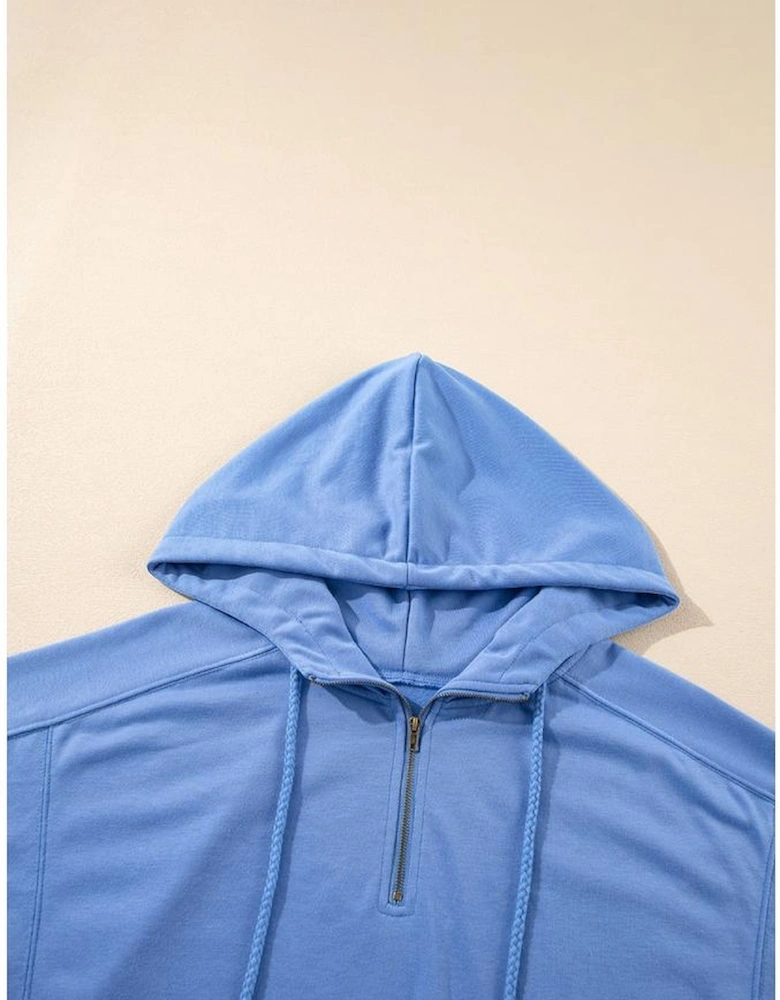 Sky Blue Casual Zipped Short Sleeve Hoodie and Shorts Set