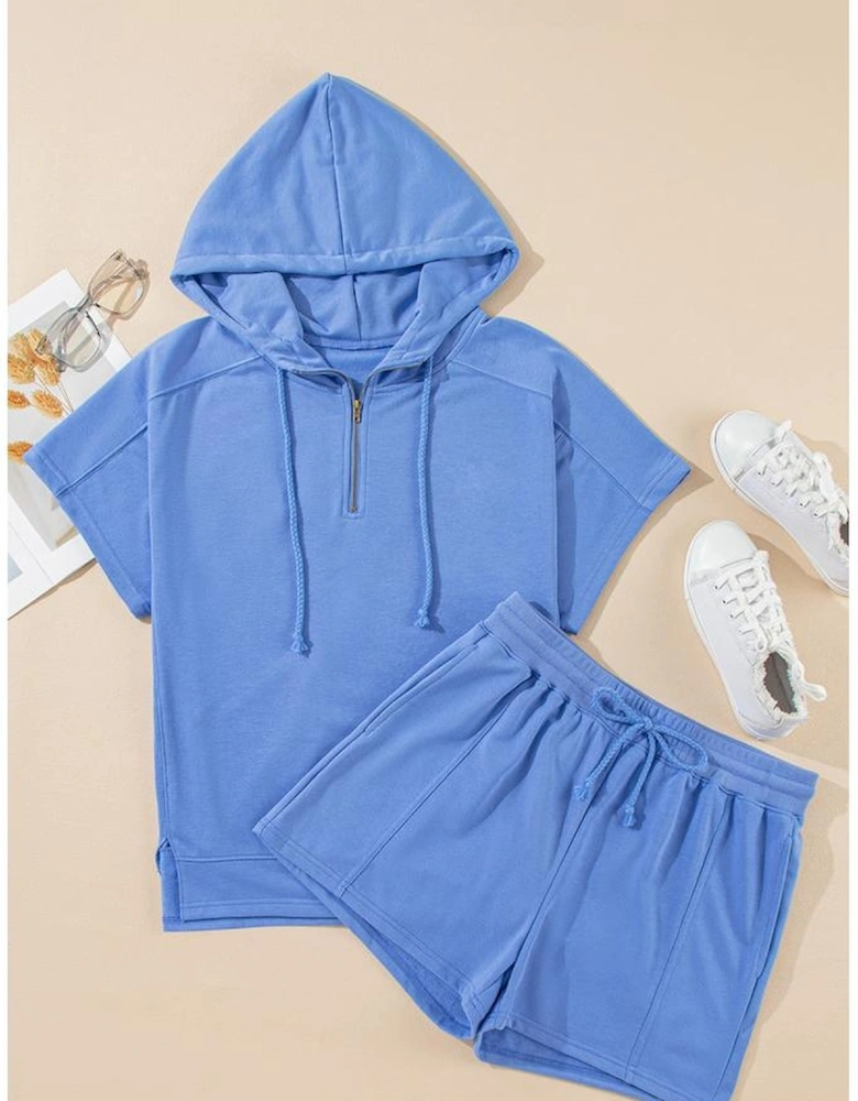 Sky Blue Casual Zipped Short Sleeve Hoodie and Shorts Set