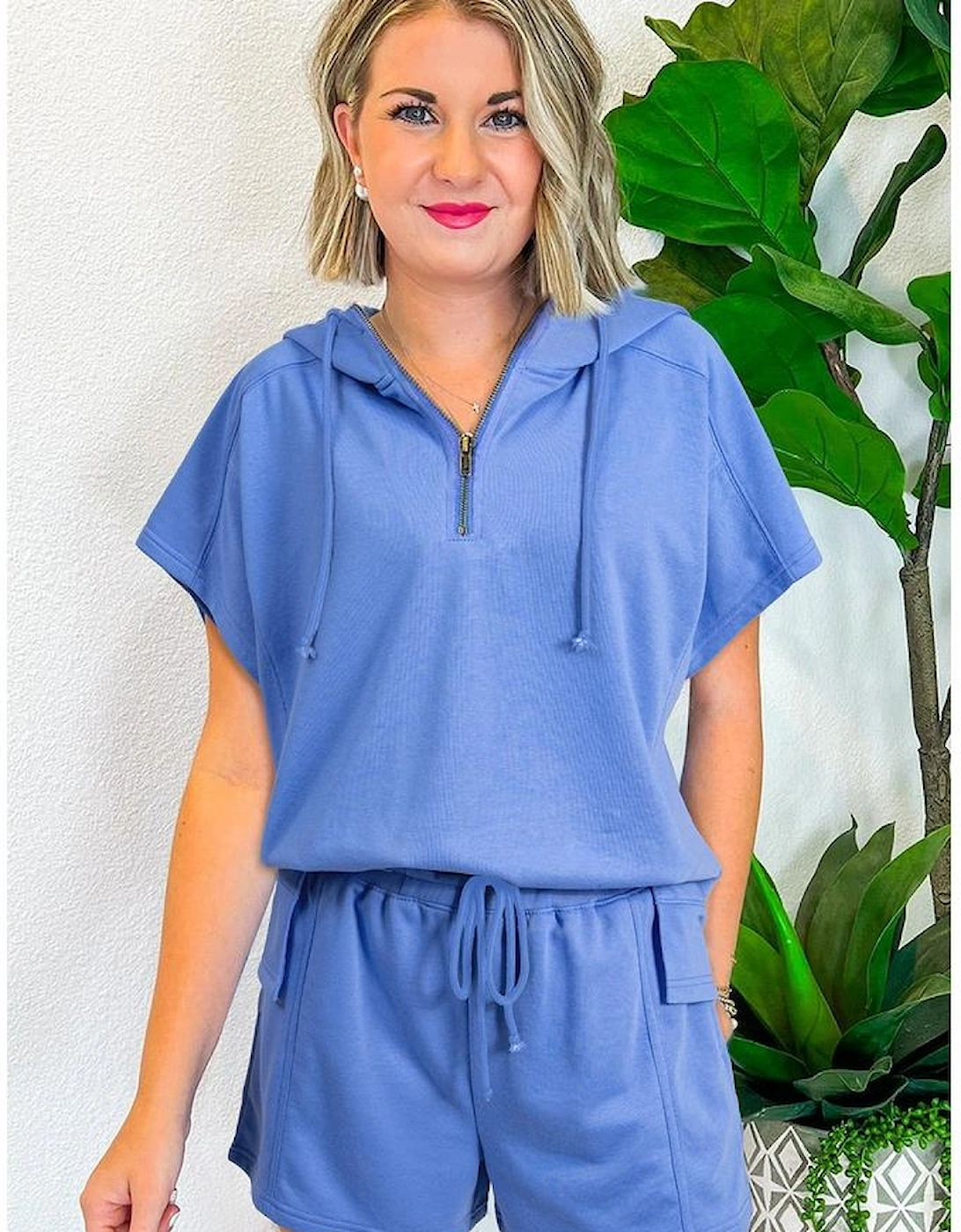 Sky Blue Casual Zipped Short Sleeve Hoodie and Shorts Set