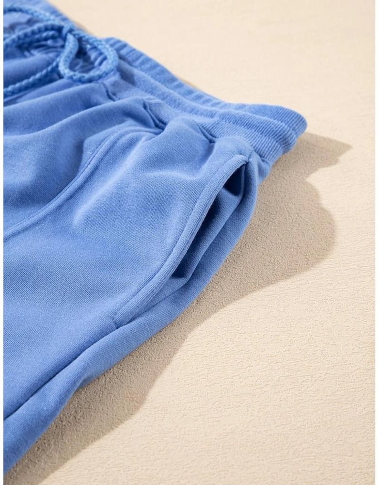 Sky Blue Casual Zipped Short Sleeve Hoodie and Shorts Set