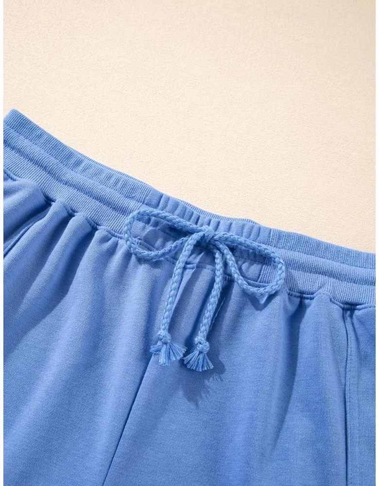 Sky Blue Casual Zipped Short Sleeve Hoodie and Shorts Set