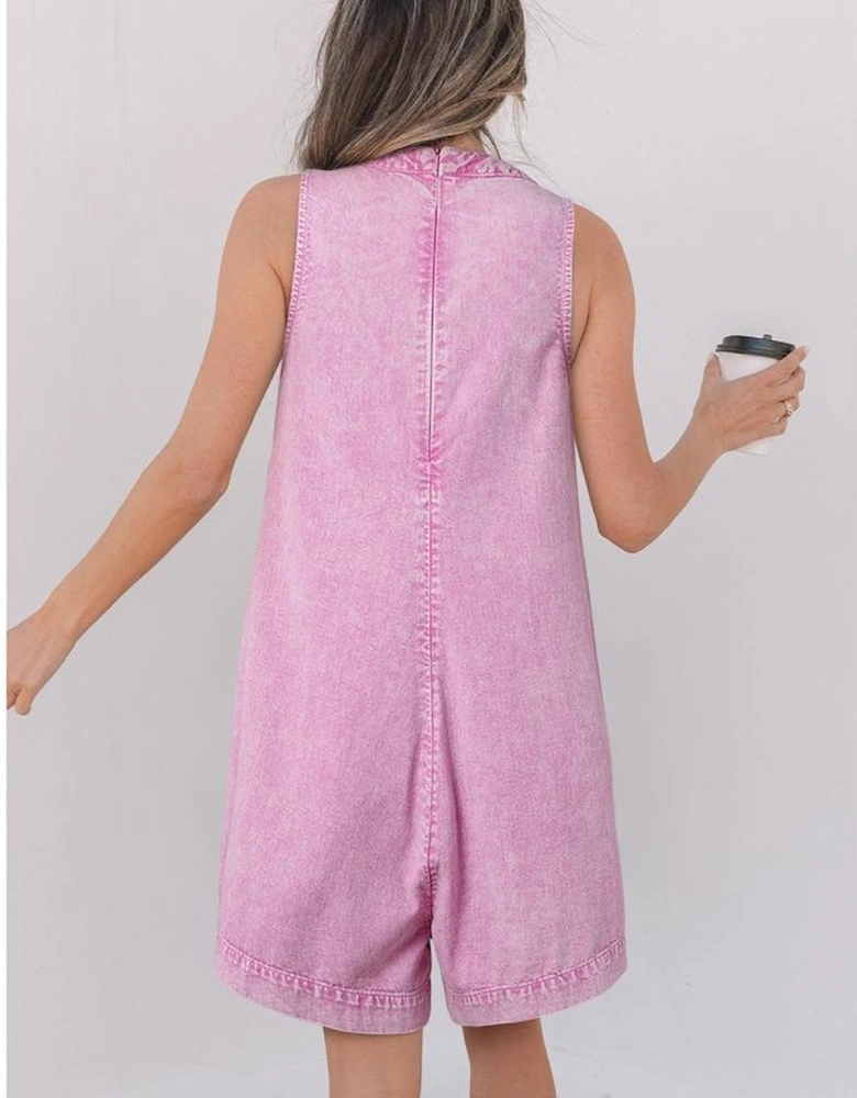 Bonbon Mineral Wash Pleated Bust V Neck Sleeveless Denim Romper