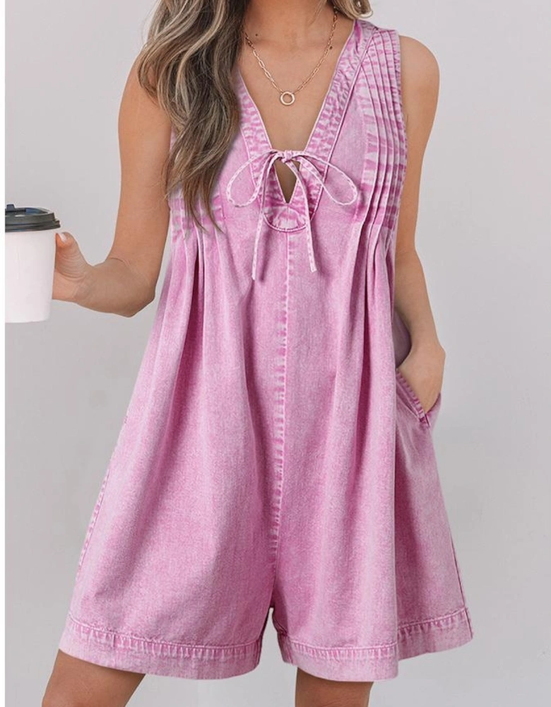 Bonbon Mineral Wash Pleated Bust V Neck Sleeveless Denim Romper