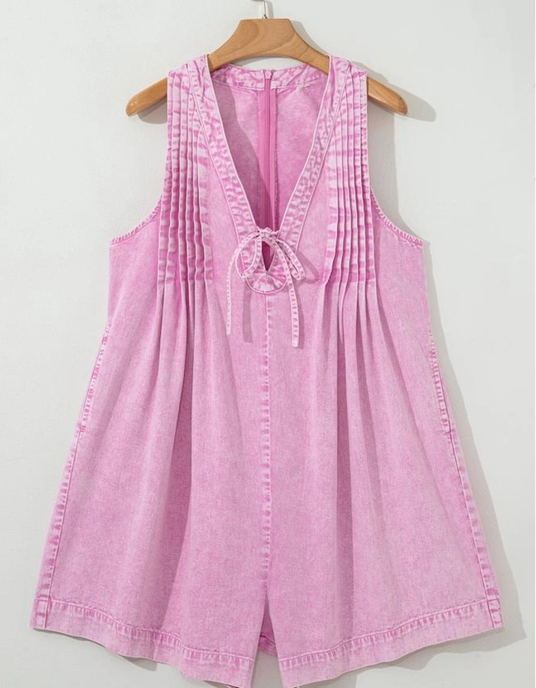 Bonbon Mineral Wash Pleated Bust V Neck Sleeveless Denim Romper