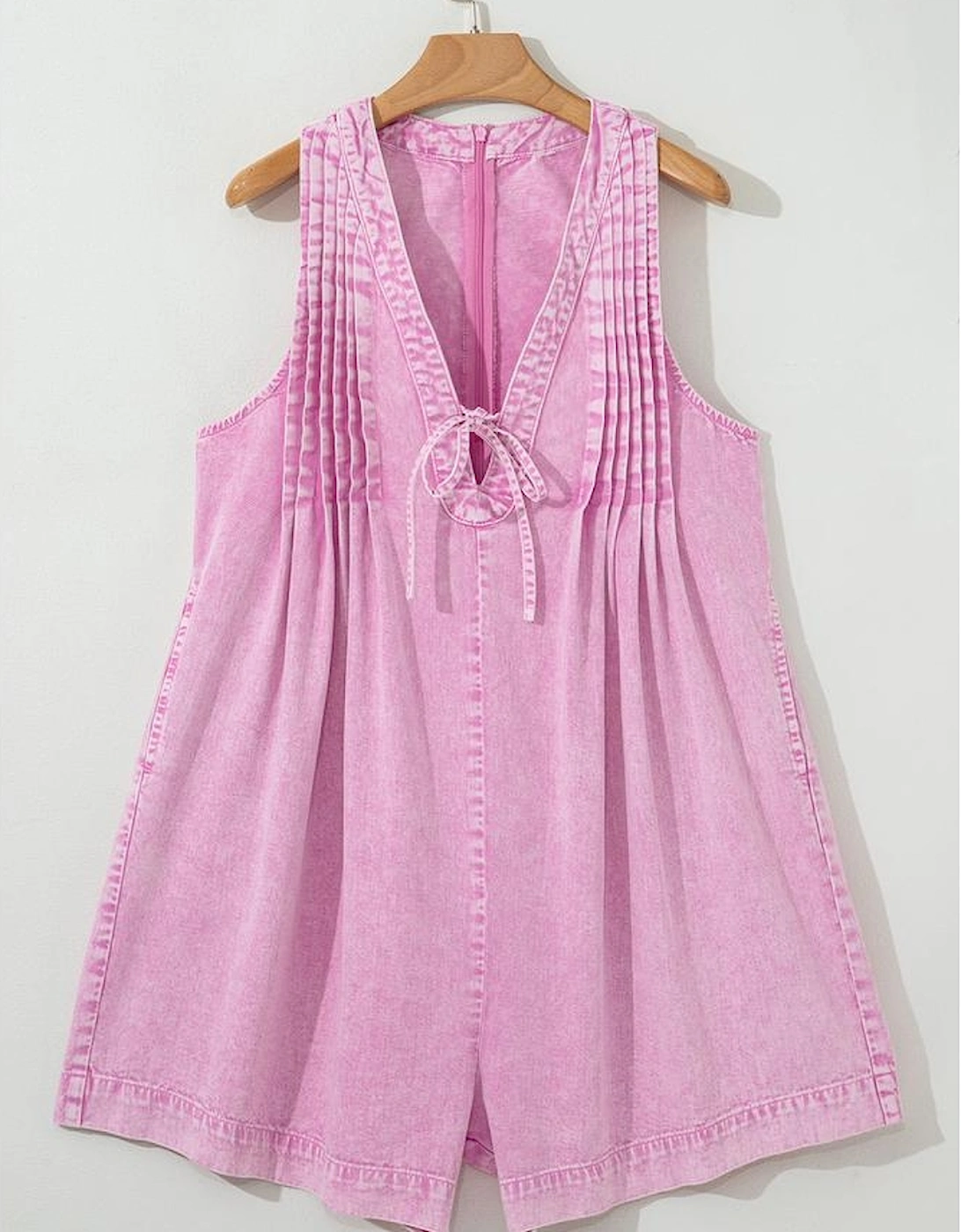 Bonbon Mineral Wash Pleated Bust V Neck Sleeveless Denim Romper