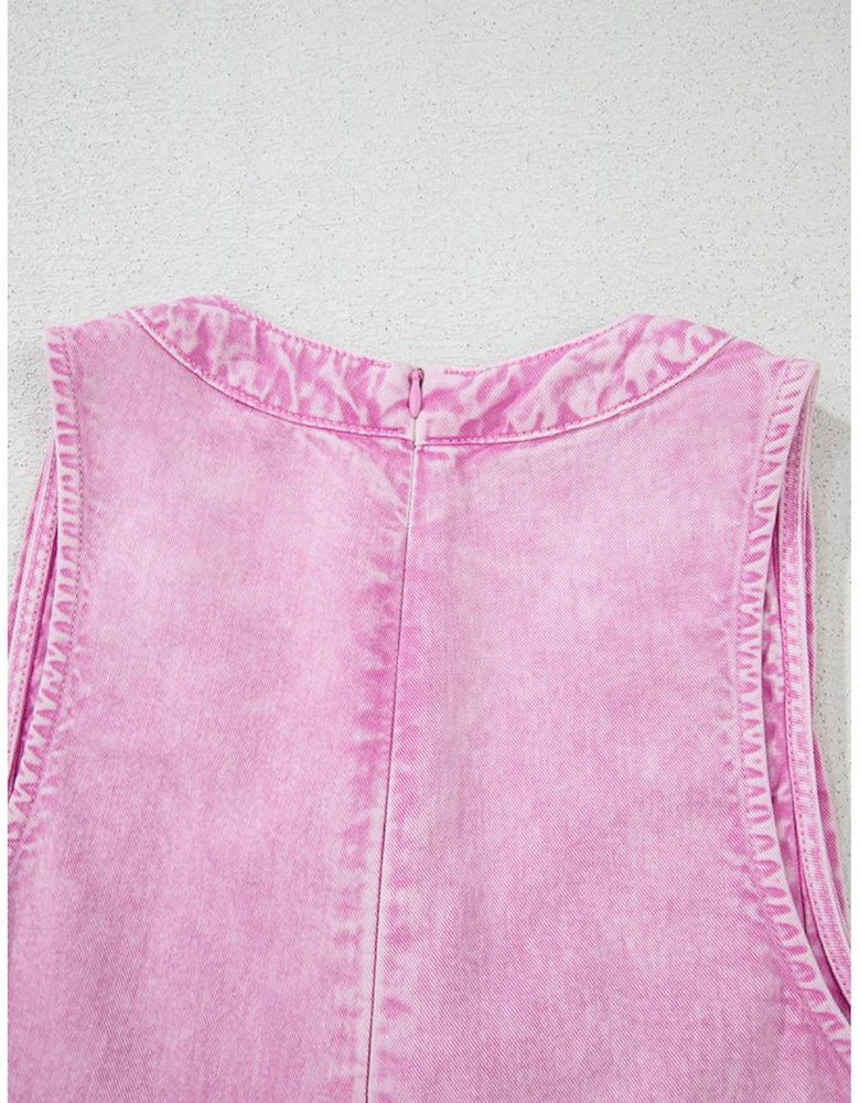 Bonbon Mineral Wash Pleated Bust V Neck Sleeveless Denim Romper
