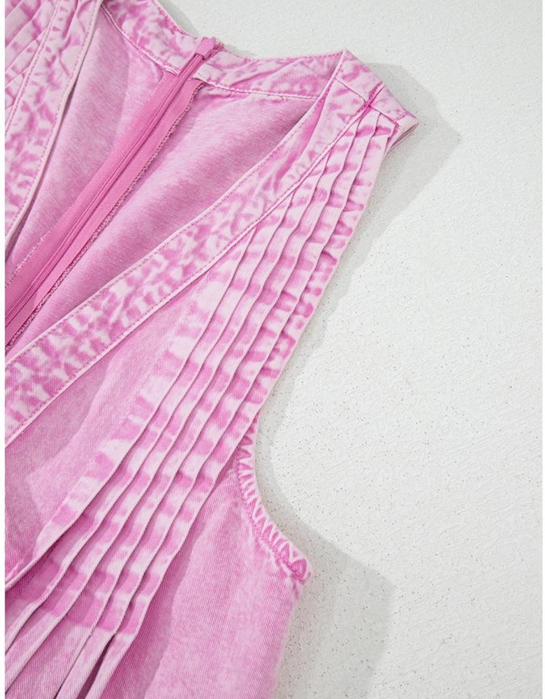 Bonbon Mineral Wash Pleated Bust V Neck Sleeveless Denim Romper