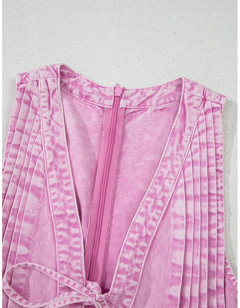 Bonbon Mineral Wash Pleated Bust V Neck Sleeveless Denim Romper