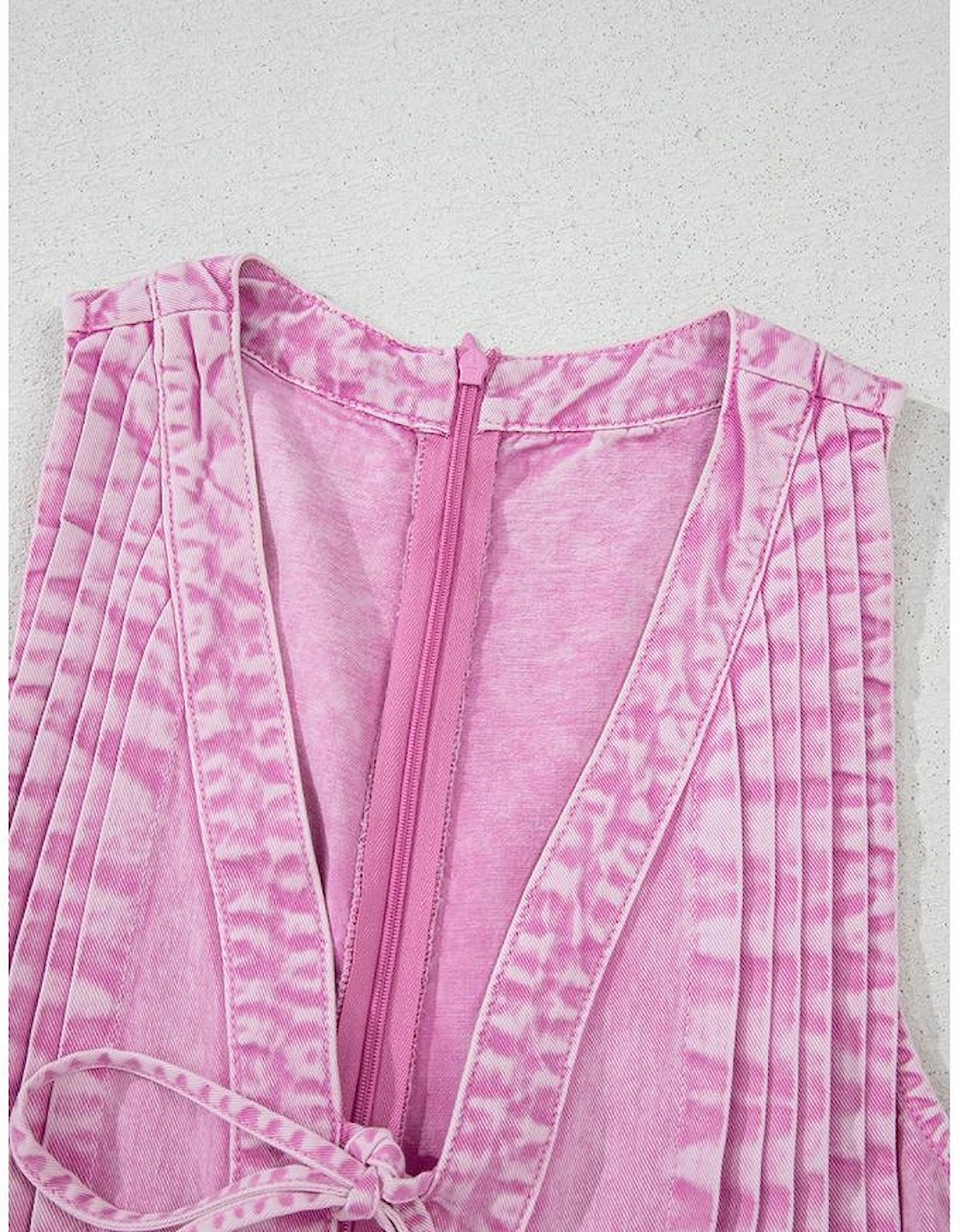 Bonbon Mineral Wash Pleated Bust V Neck Sleeveless Denim Romper