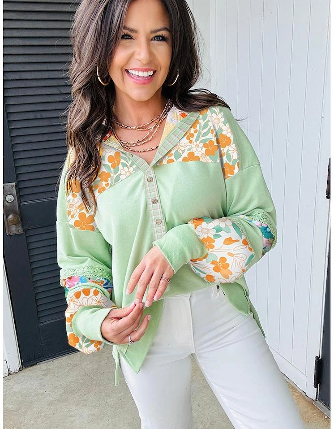 Clearly Aqua Lace Floral Patchwork Half Button Hooded Pullover