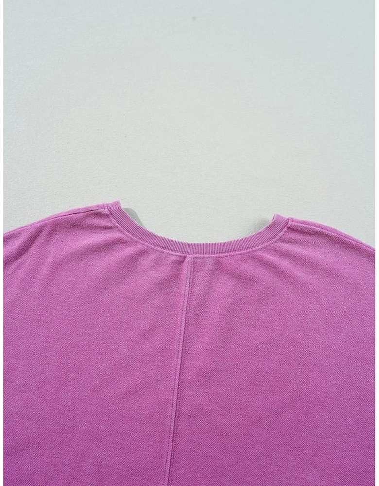 Bright Pink Solid Color Notched Neck Drop Shoulder Sweatshirt