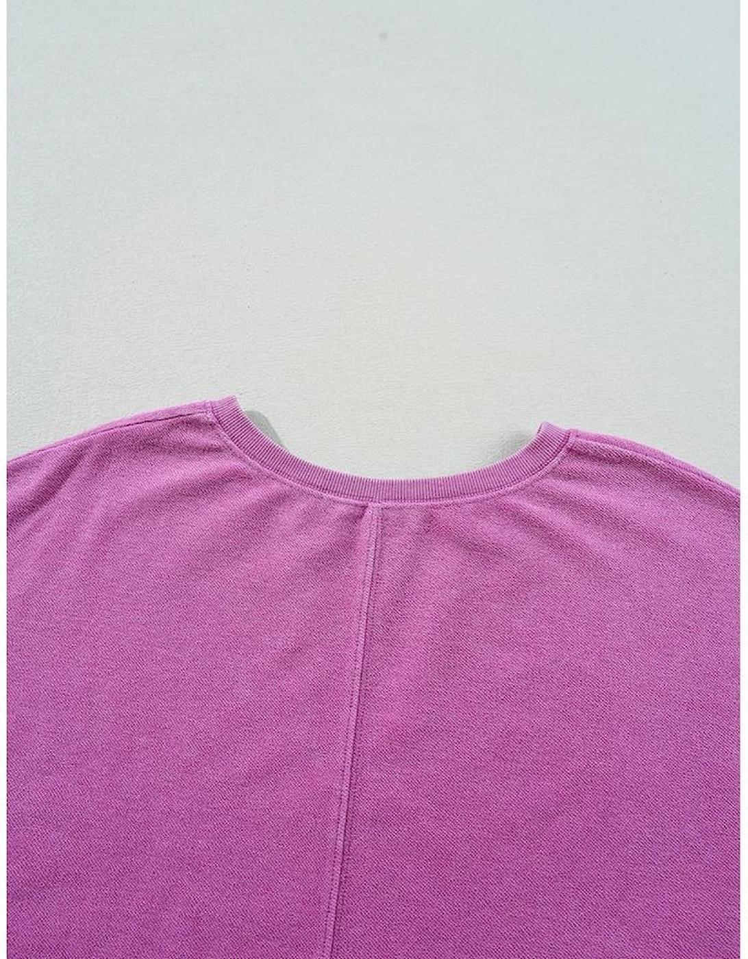 Bright Pink Solid Color Notched Neck Drop Shoulder Sweatshirt, 12 of 11