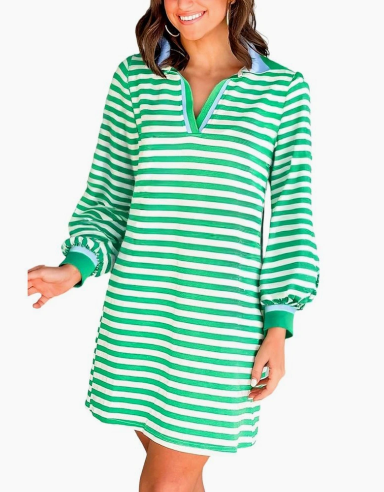Green Striped Contrast Collar Split Neck Long Sleeve Mini Dress