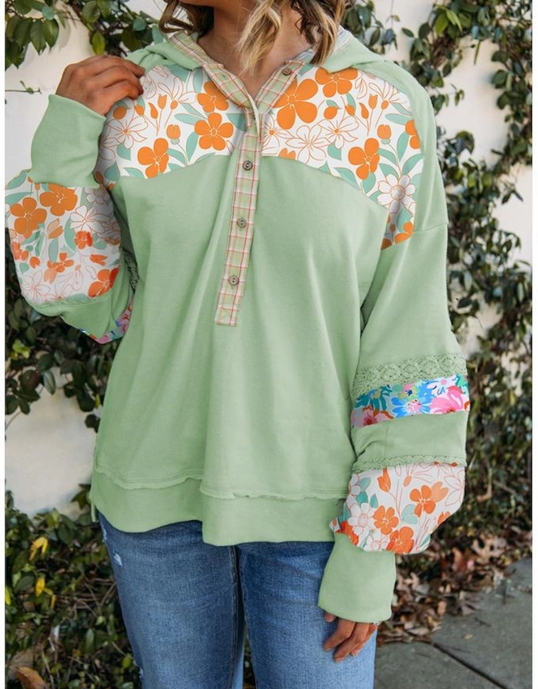 Clearly Aqua Lace Floral Patchwork Half Button Hooded Pullover